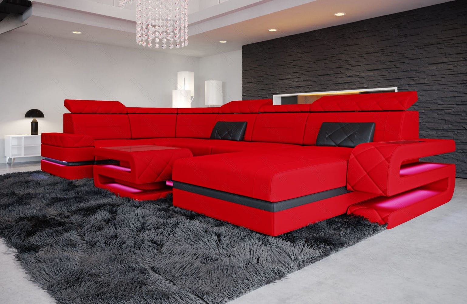 Couchlandschaft Bologna U-Form in Stoff rot-schwarz