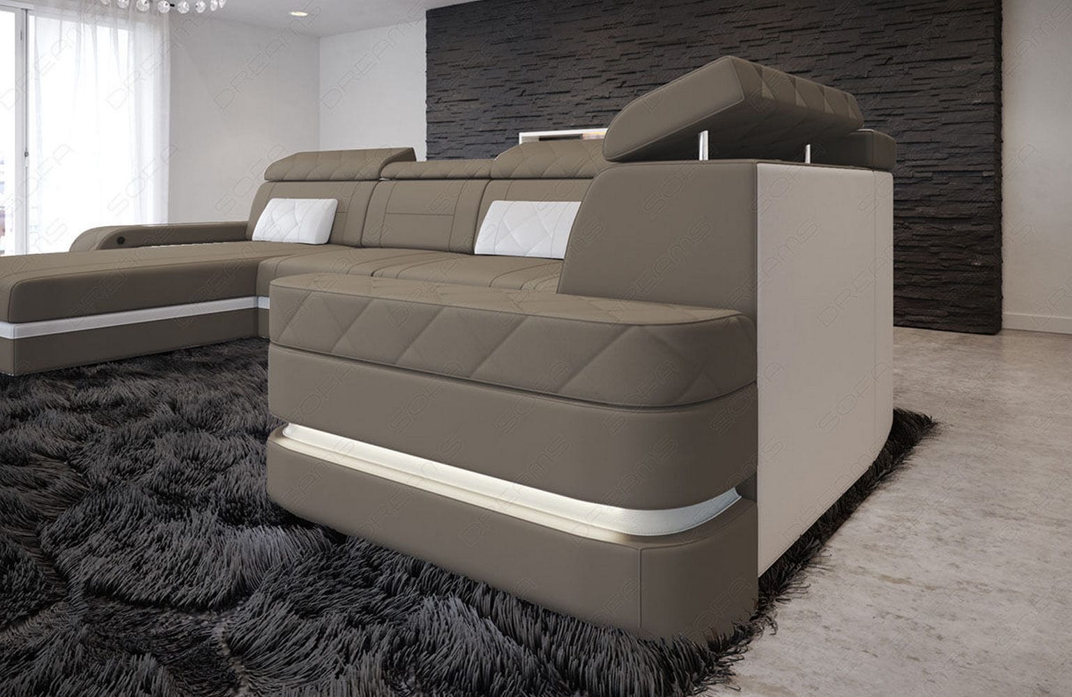 Stoff Wohnlandschaft Bologna – Komfort & Stil Taupe-Weiß
