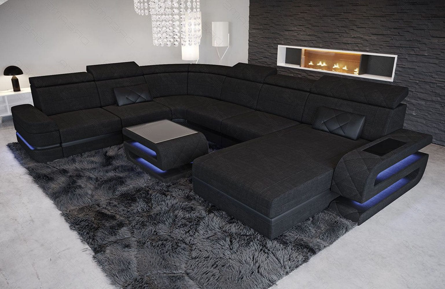 Stoff Wohnlandschaft Bologna XXL – Groß & Bequem Schwarz-Schwarz