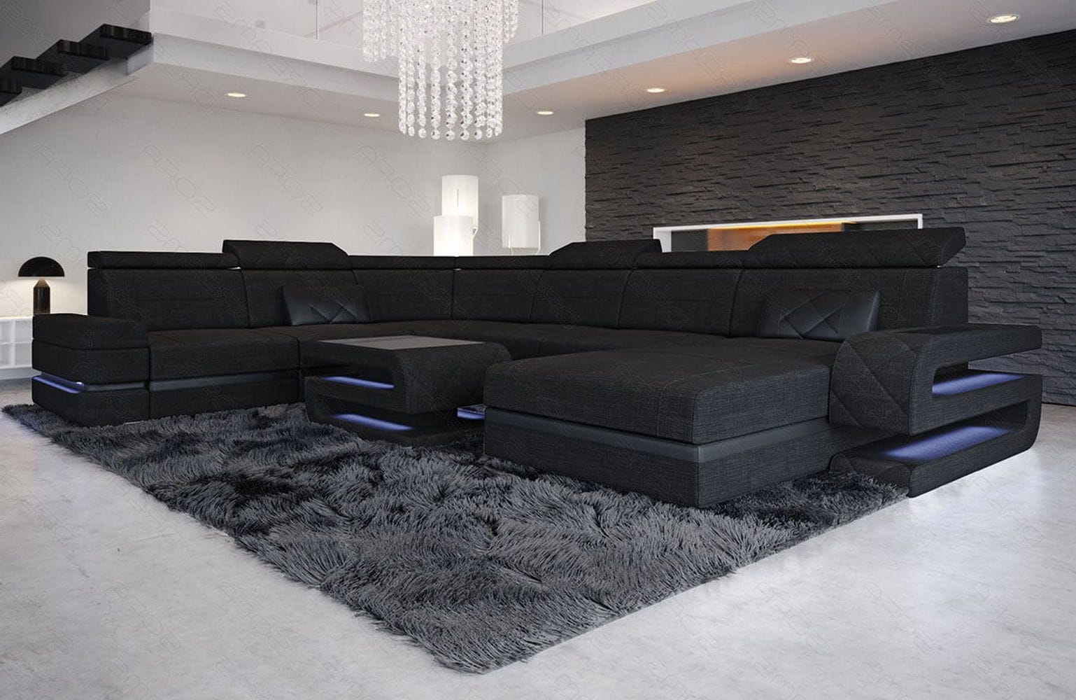 Stoff Wohnlandschaft Bologna XXL – Groß & Bequem Schwarz-Schwarz