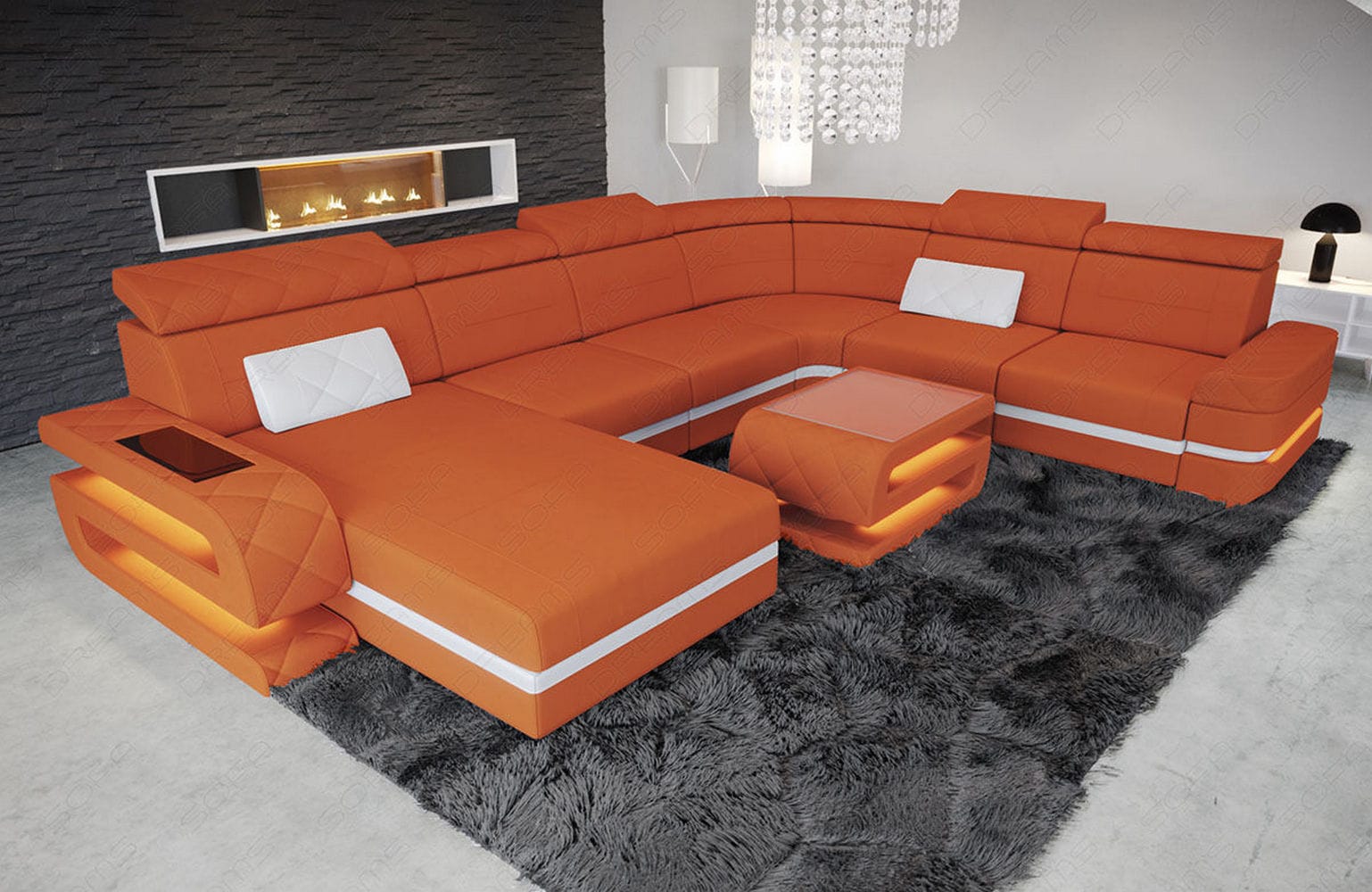 Stoff Wohnlandschaft Bologna XXL – Groß & Bequem Orange-Weiß
