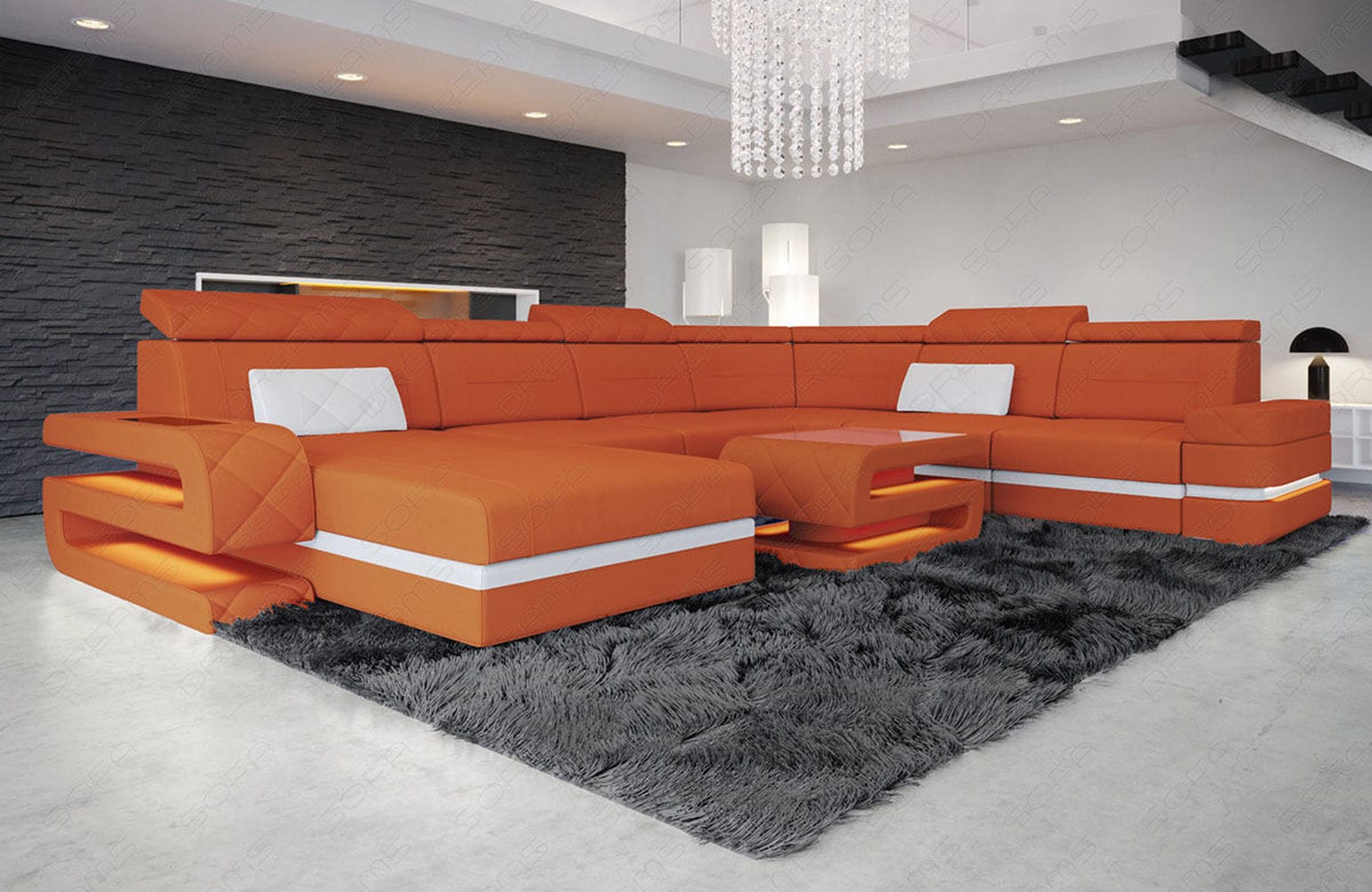 Stoff Wohnlandschaft Bologna XXL – Groß & Bequem Orange-Weiß