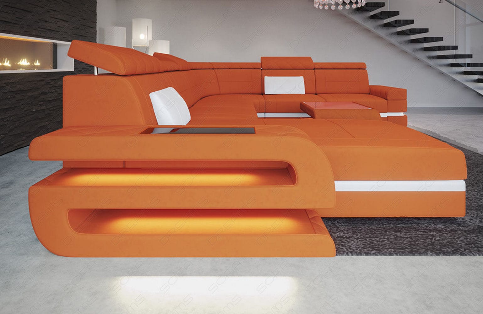 Stoff Wohnlandschaft Bologna XXL – Groß & Bequem Orange-Weiß