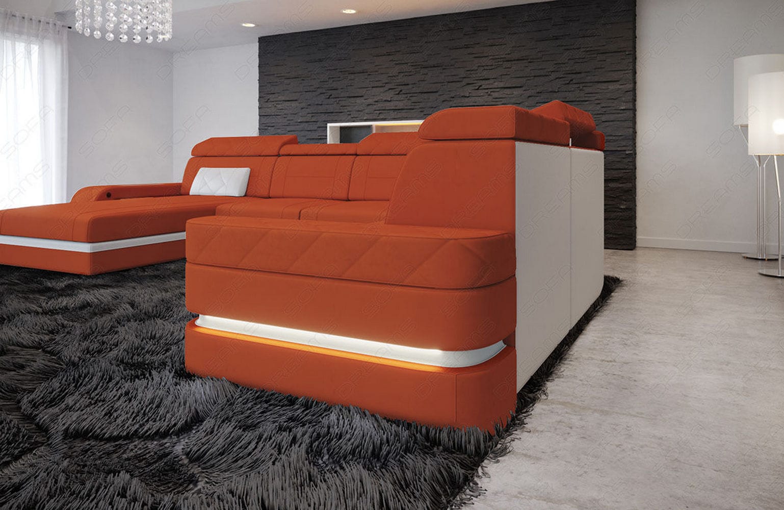 Stoff Wohnlandschaft Bologna XXL – Groß & Bequem Orange-Weiß