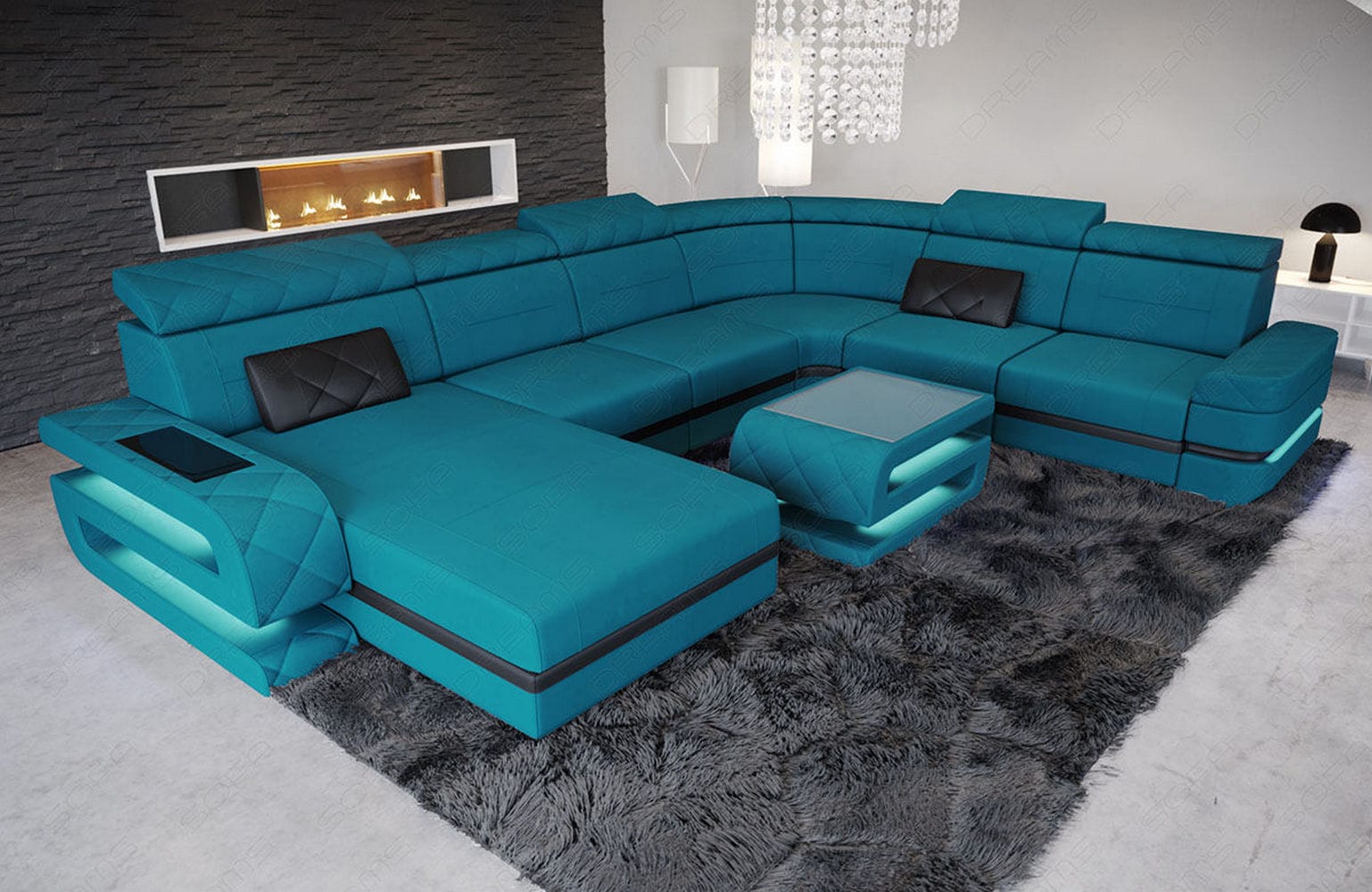 Stoff Wohnlandschaft Bologna XXL – Groß & Bequem Azurblau-Schwarz