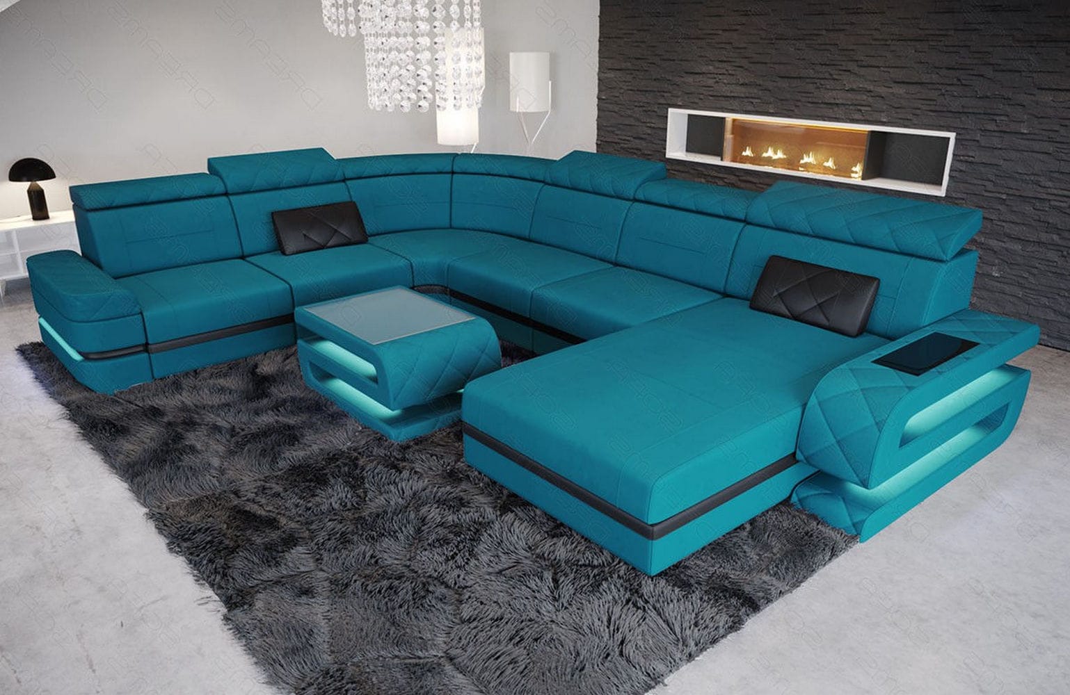 Stoff Wohnlandschaft Bologna XXL – Groß & Bequem Azurblau-Schwarz