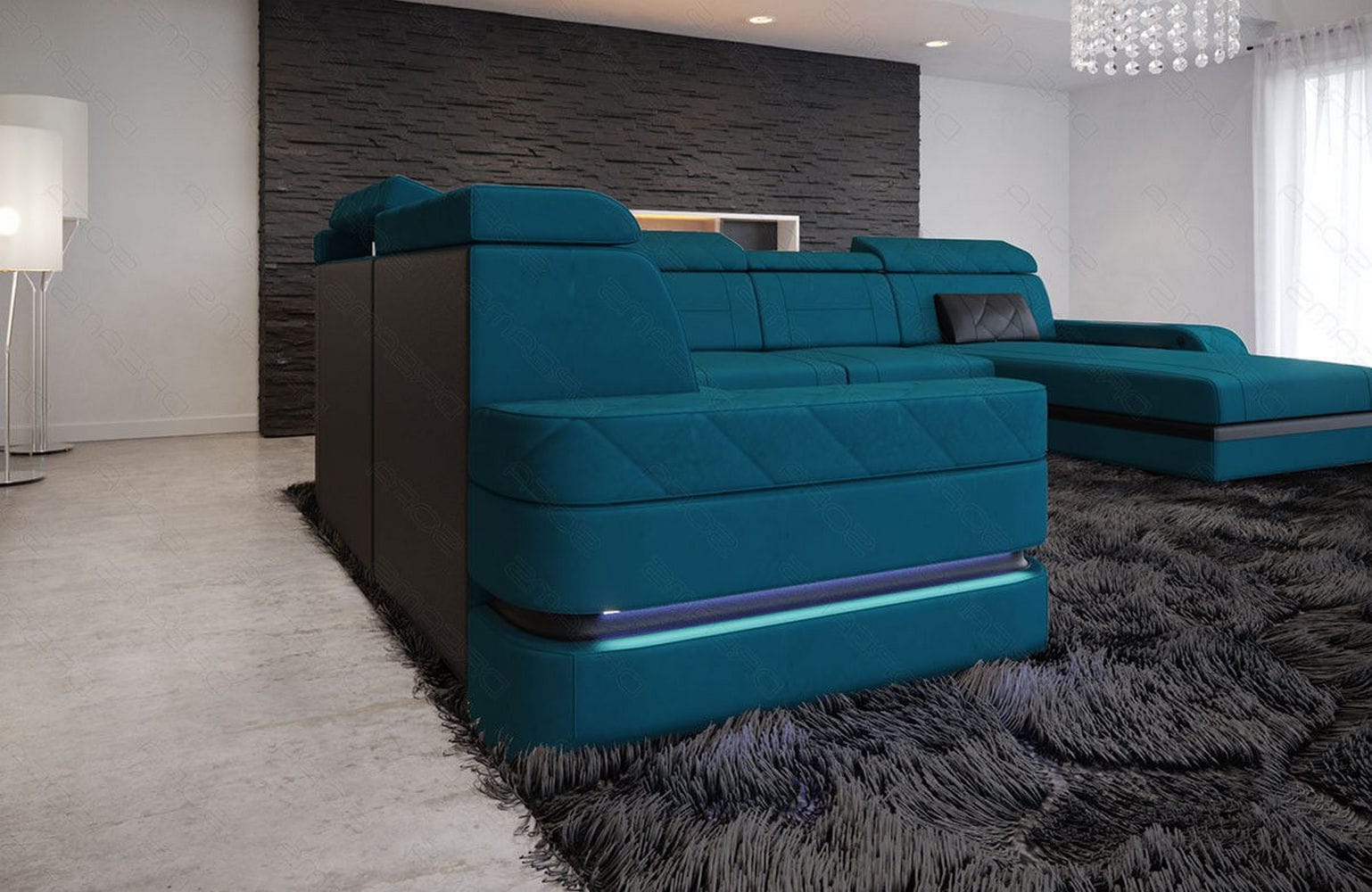 Stoff Wohnlandschaft Bologna XXL – Groß & Bequem Azurblau-Schwarz