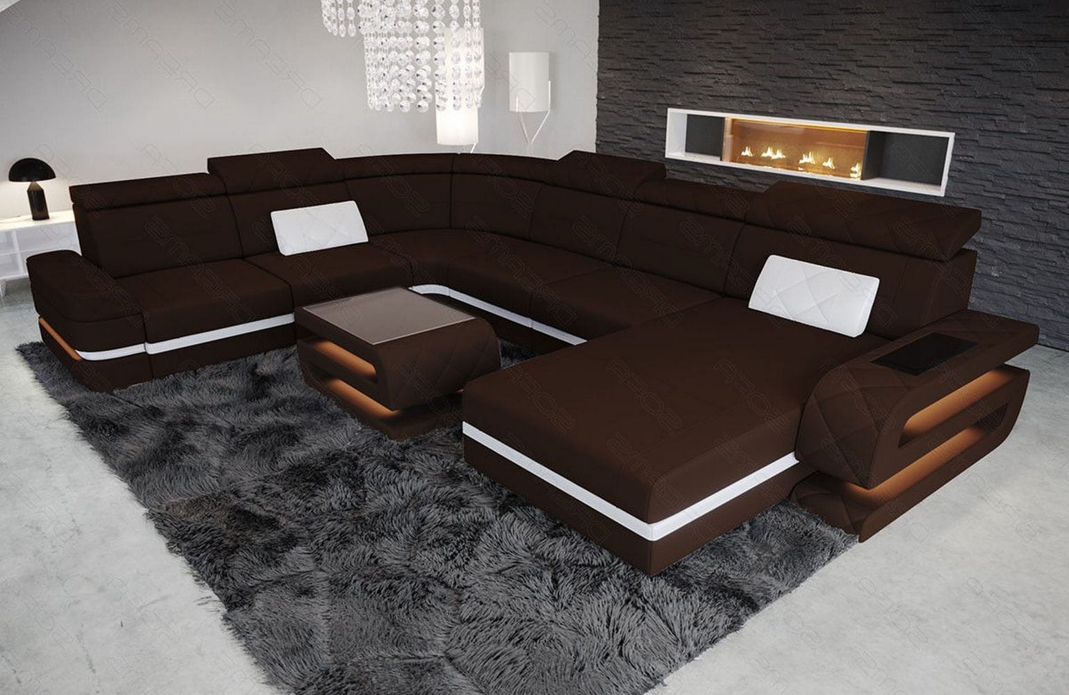 Stoff Wohnlandschaft Bologna XXL – Groß & Bequem Dunkelbraun-Weiß