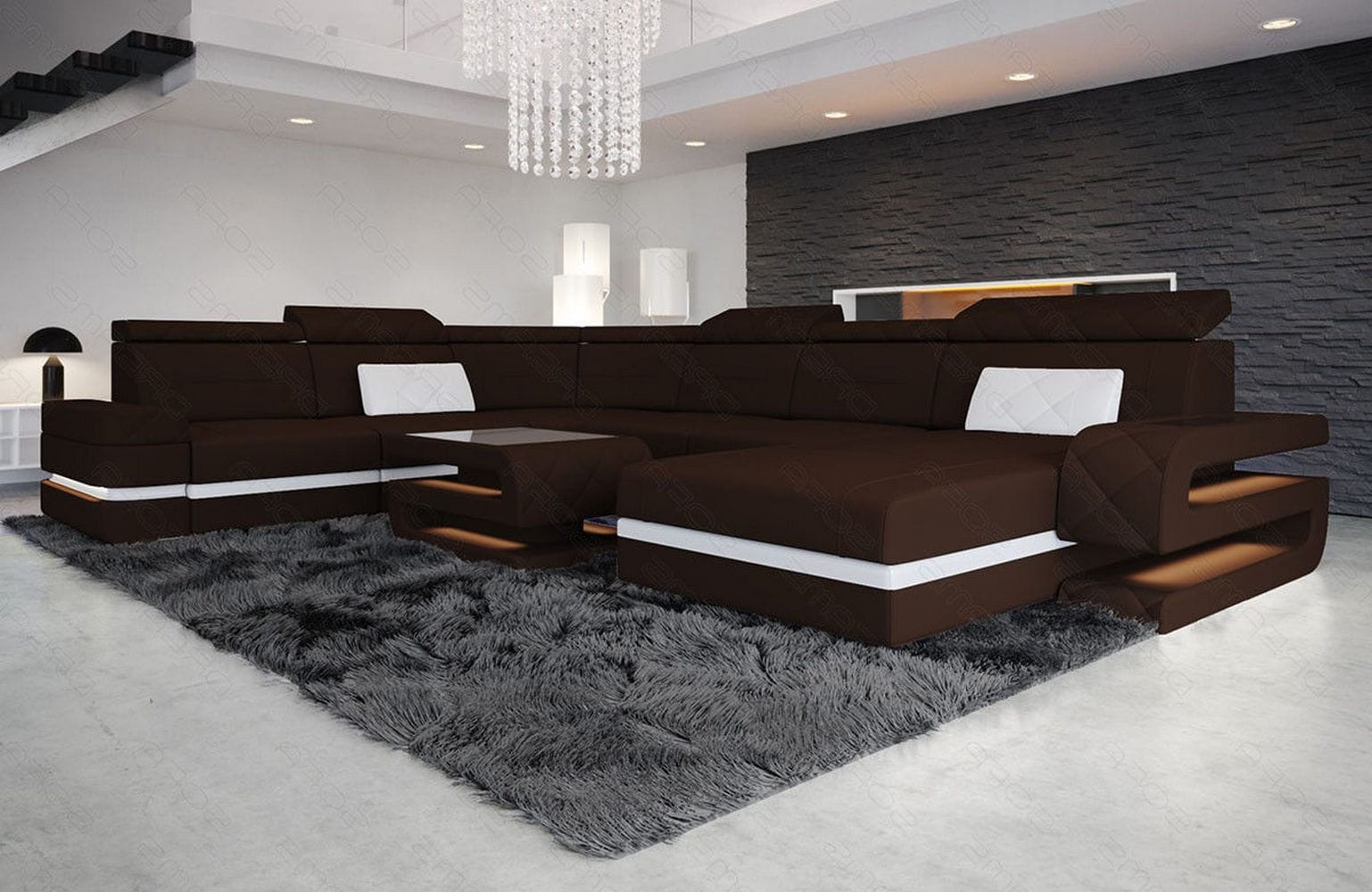 Stoff Wohnlandschaft Bologna XXL – Groß & Bequem Dunkelbraun-Weiß