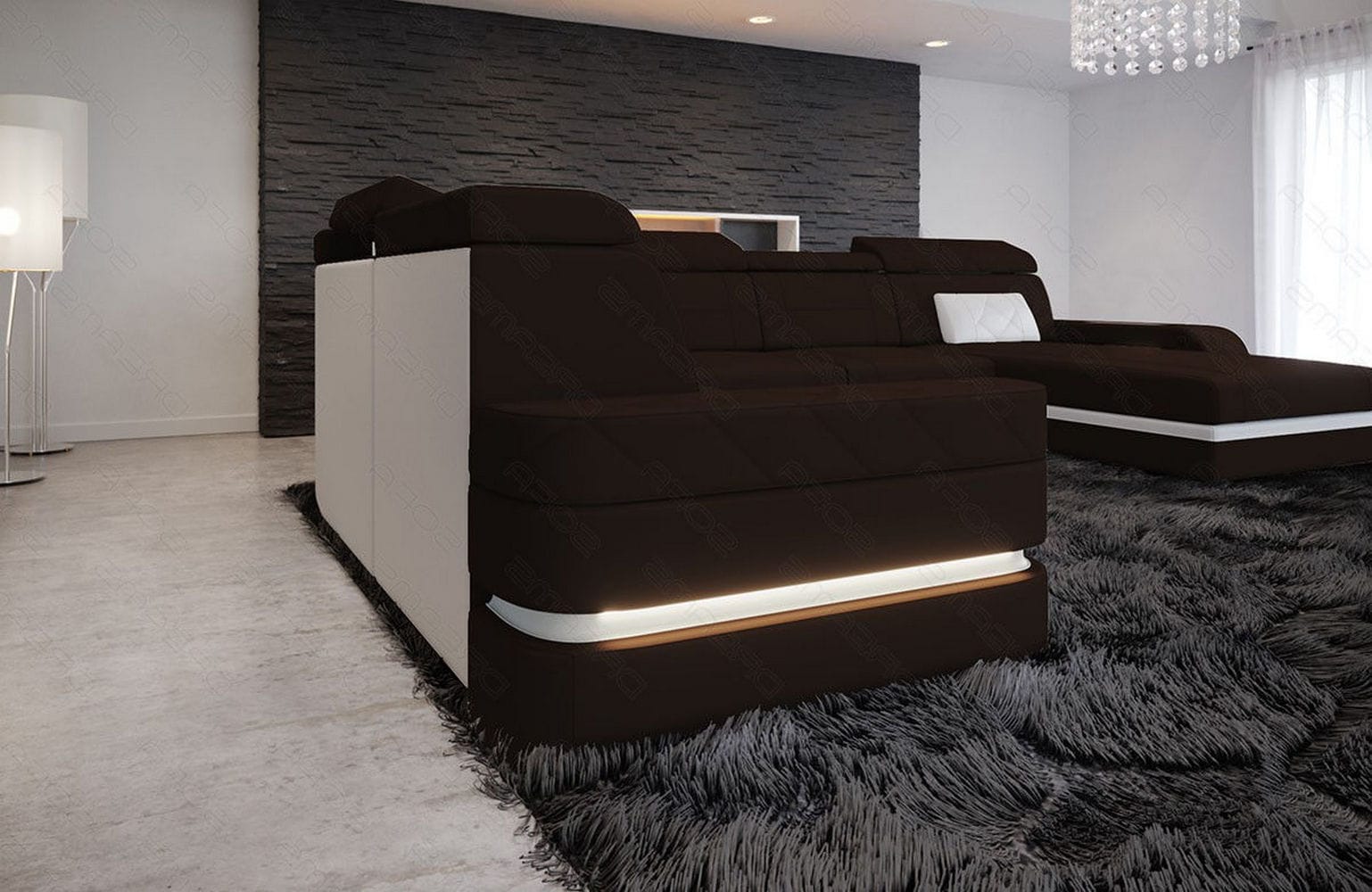 Stoff Wohnlandschaft Bologna XXL – Groß & Bequem Dunkelbraun-Weiß