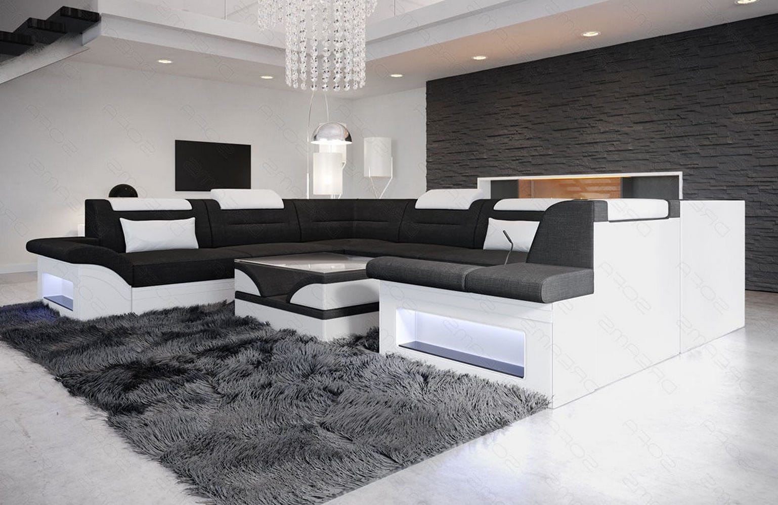 Couchlandschaft Brianza U-Form in Stoff Schwarz-Weiß