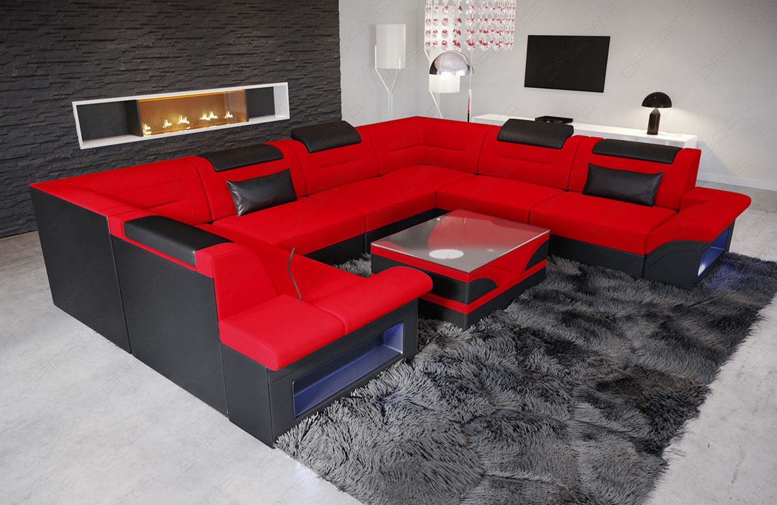 Couchlandschaft Brianza U-Form in Stoff Rot-Schwarz