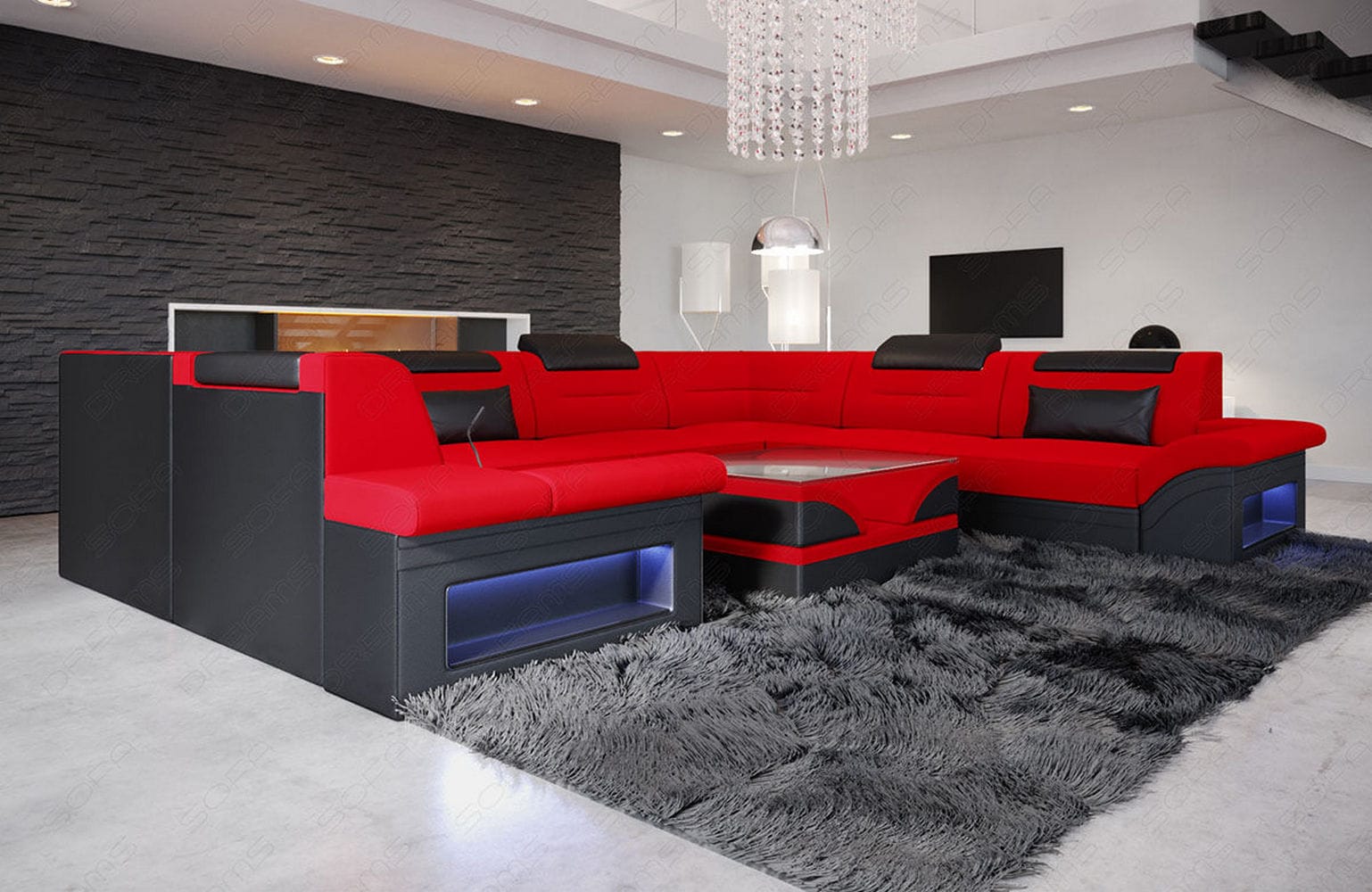 Couchlandschaft Brianza U-Form in Stoff Rot-Schwarz