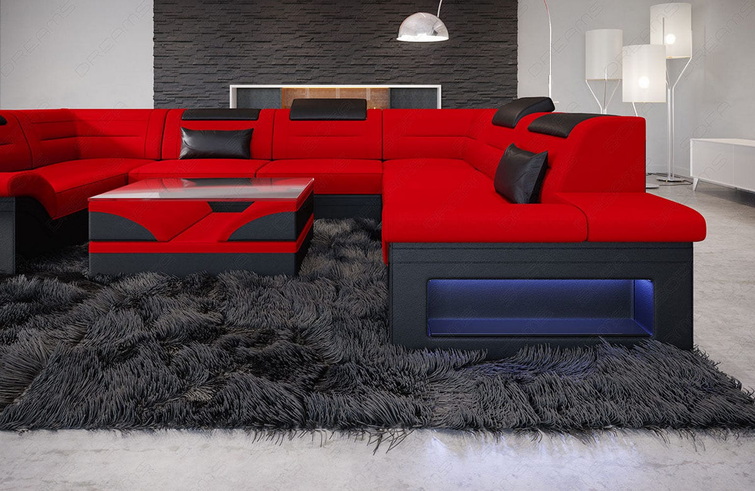 Couchlandschaft Brianza U-Form in Stoff Rot-Schwarz