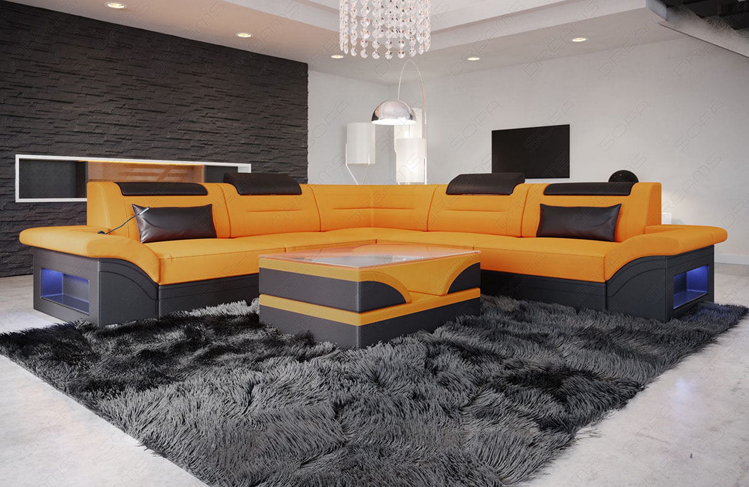 Stoffsofa Brianza L-Form – Komfort & Design - Mikrofaserstoff - Apricot-Schwarz - Ansicht 1