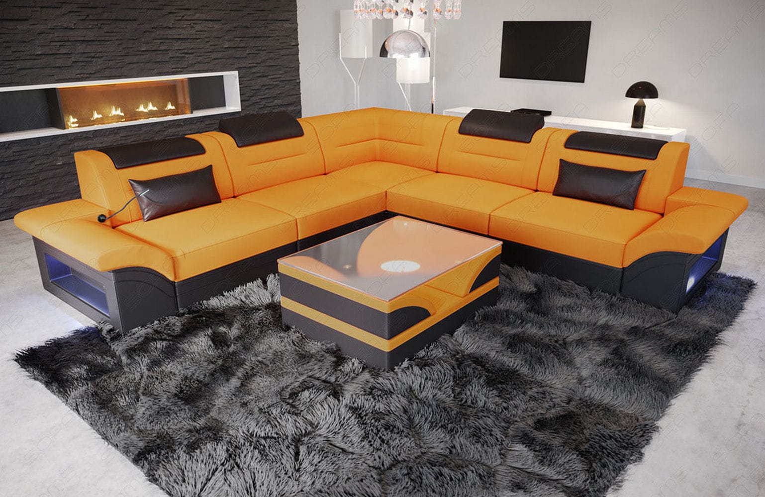 Stoffsofa Brianza L-Form – Komfort & Design - Mikrofaserstoff - Apricot-Schwarz - Ansicht 2