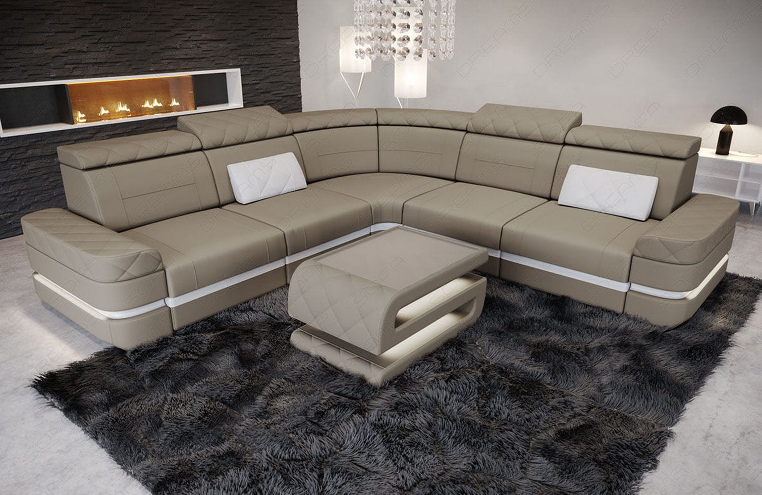 Ecksofa Positano L-Form aus Stoff Taupe-Weiß