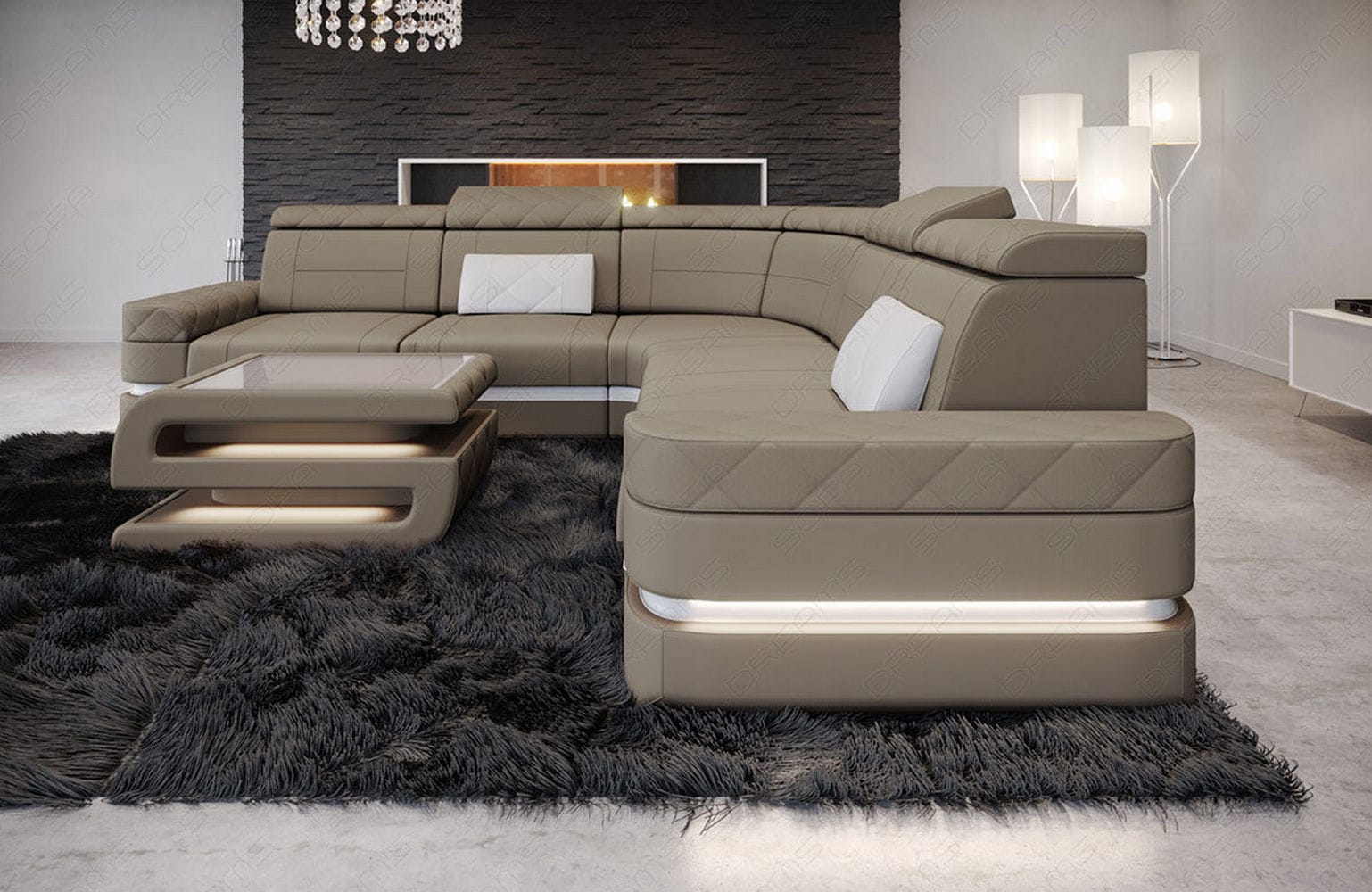Ecksofa Positano L-Form aus Stoff Taupe-Weiß