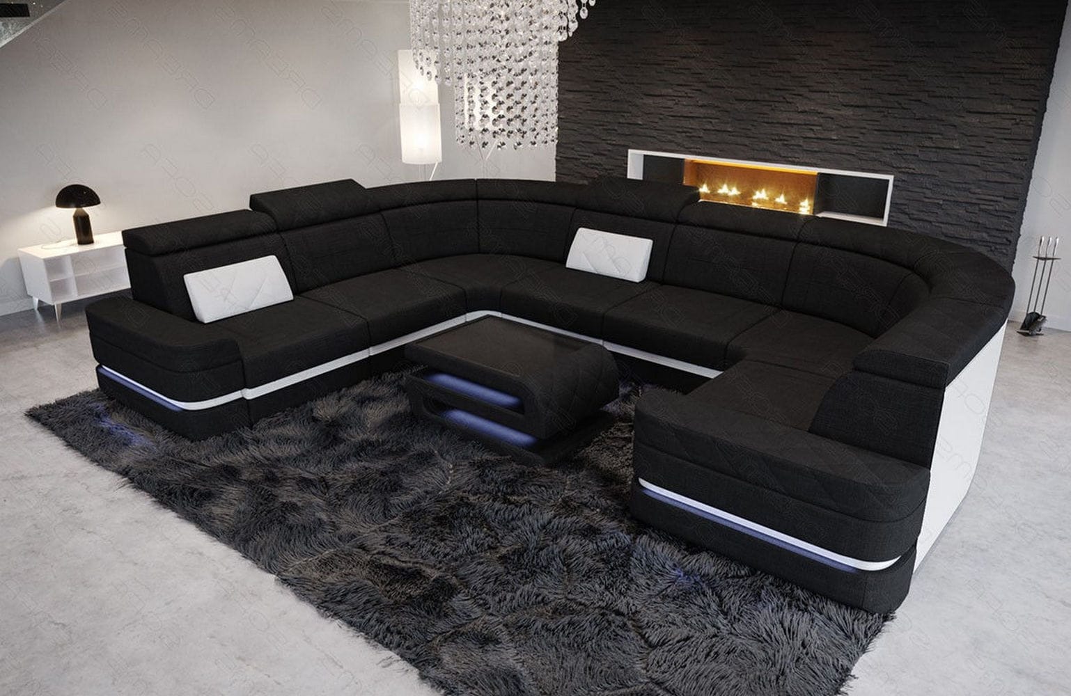 Couchlandschaft Positano U-Form in Stoff Schwarz-Weiß