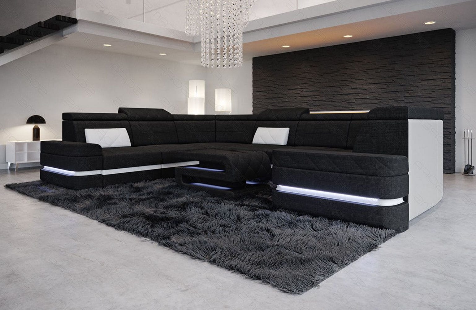 Couchlandschaft Positano U-Form in Stoff Schwarz-Weiß