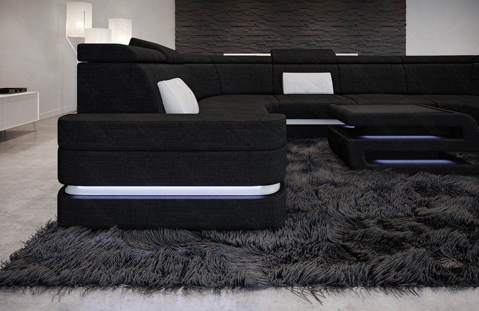 Couchlandschaft Positano U-Form in Stoff Schwarz-Weiß