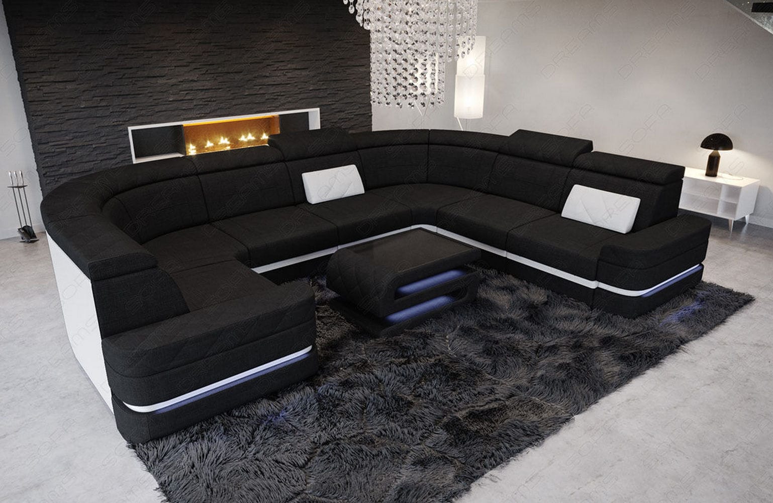 Couchlandschaft Positano U-Form in Stoff Schwarz-Weiß