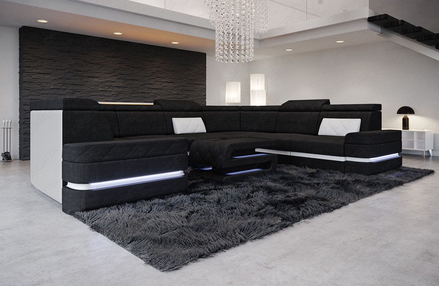 Couchlandschaft Positano U-Form in Stoff Schwarz-Weiß