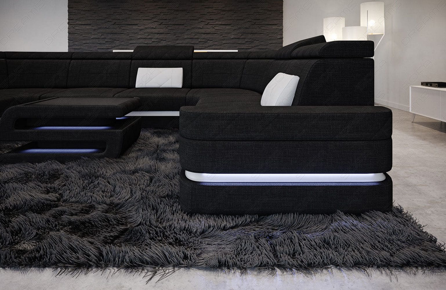 Couchlandschaft Positano U-Form in Stoff Schwarz-Weiß