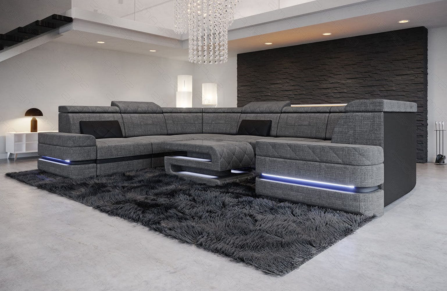 Couchlandschaft Positano U-Form in Stoff grau-schwarz