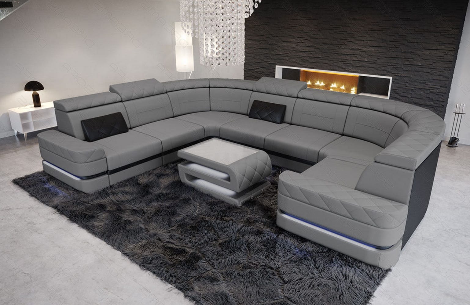 Couchlandschaft Positano U-Form in Stoff Hellgrau-Schwarz
