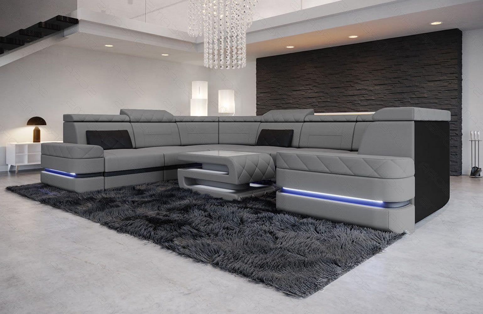 Couchlandschaft Positano U-Form in Stoff Hellgrau-Schwarz