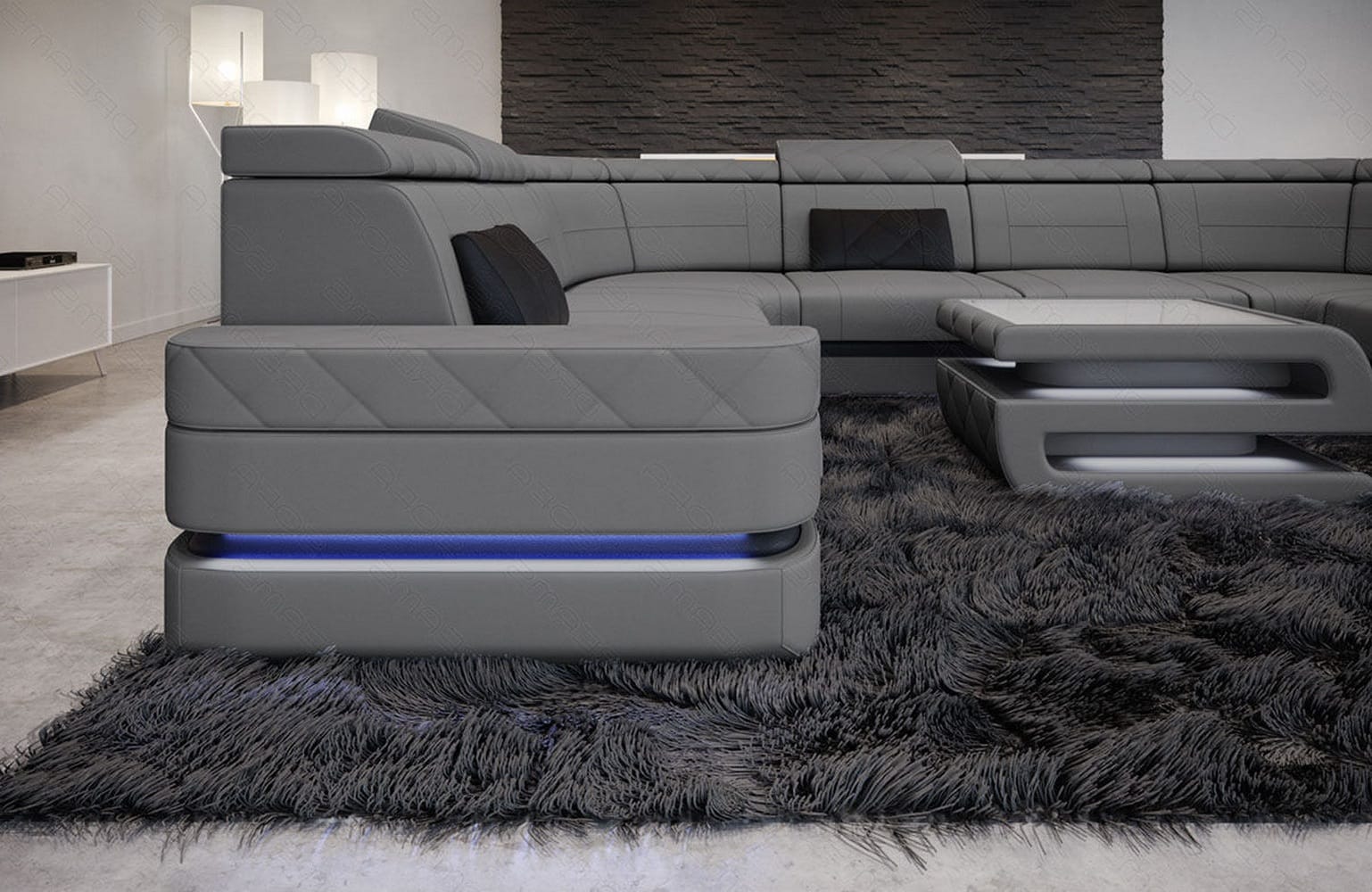 Couchlandschaft Positano U-Form in Stoff Hellgrau-Schwarz