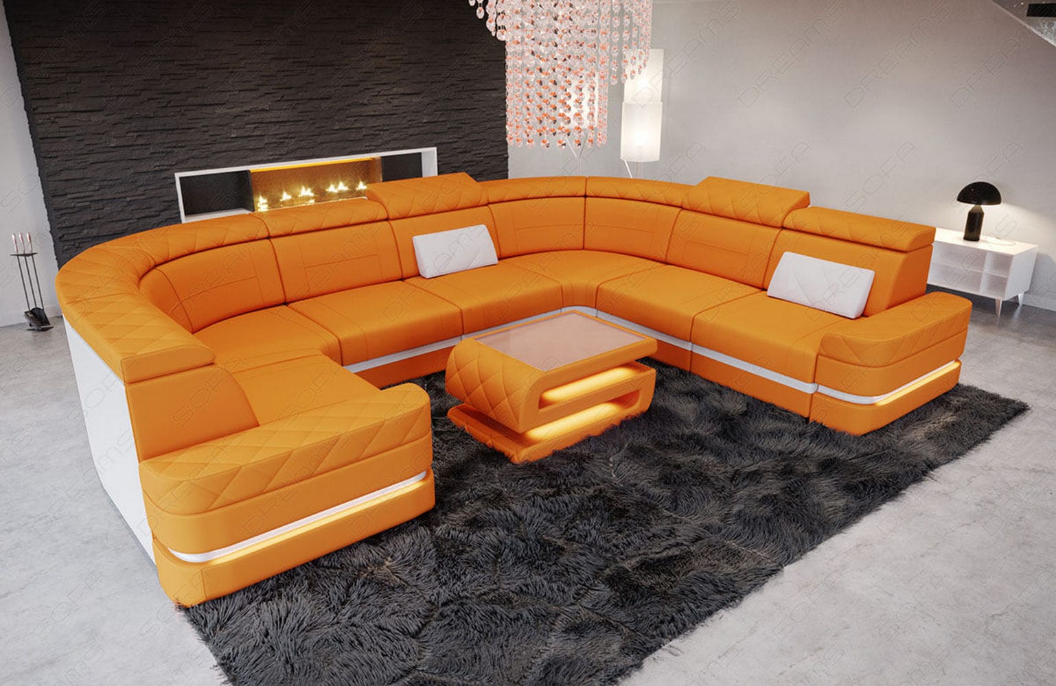 Couchlandschaft Positano U-Form in Stoff Apricot-Weiß
