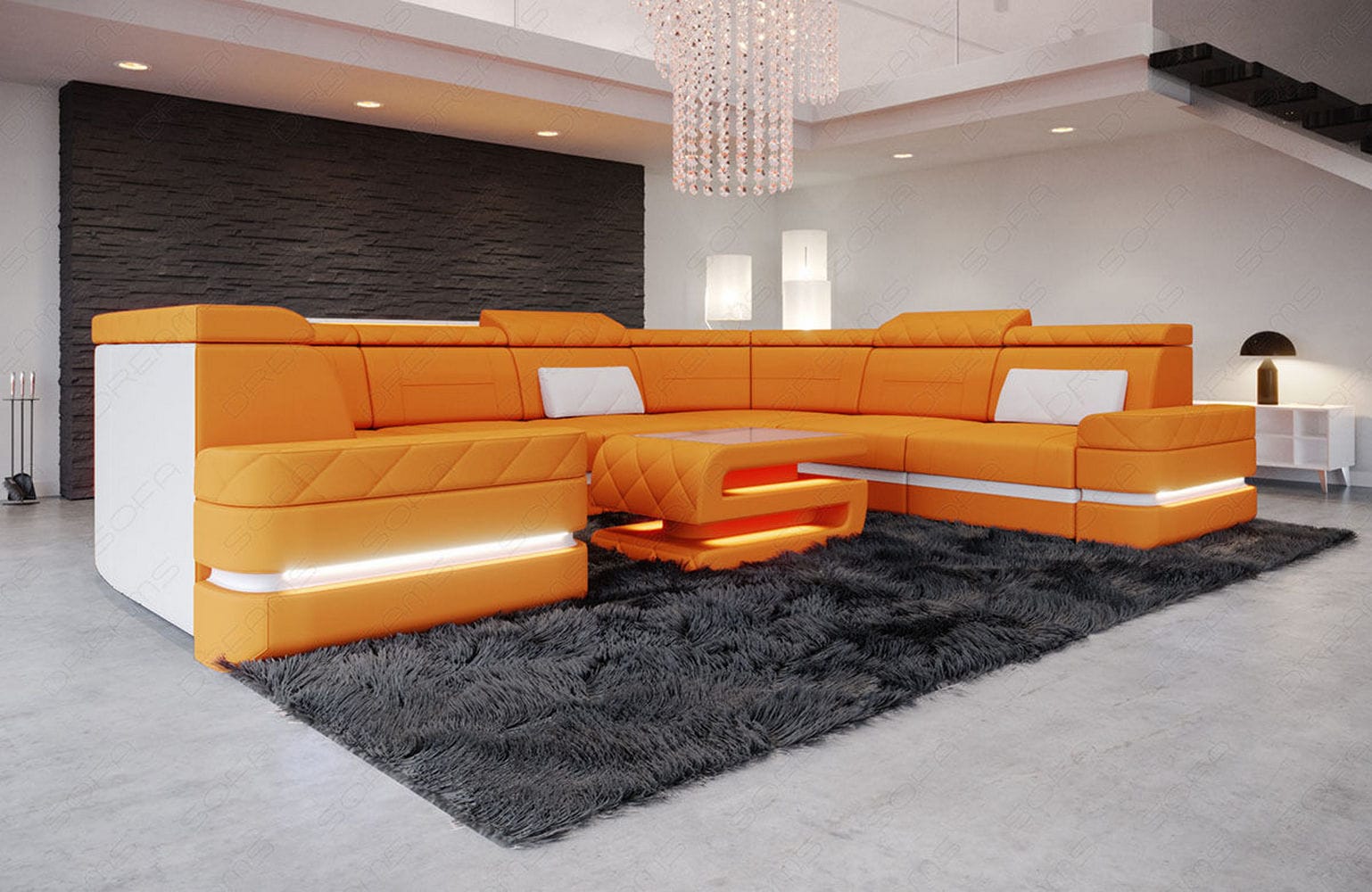 Couchlandschaft Positano U-Form in Stoff Apricot-Weiß