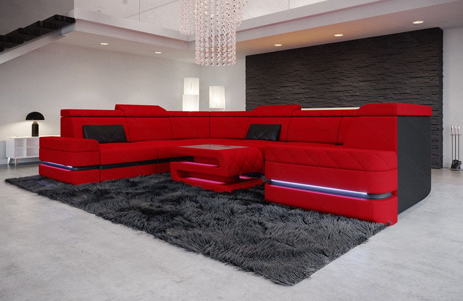 Couchlandschaft Positano U-Form in Stoff Rot-Schwarz