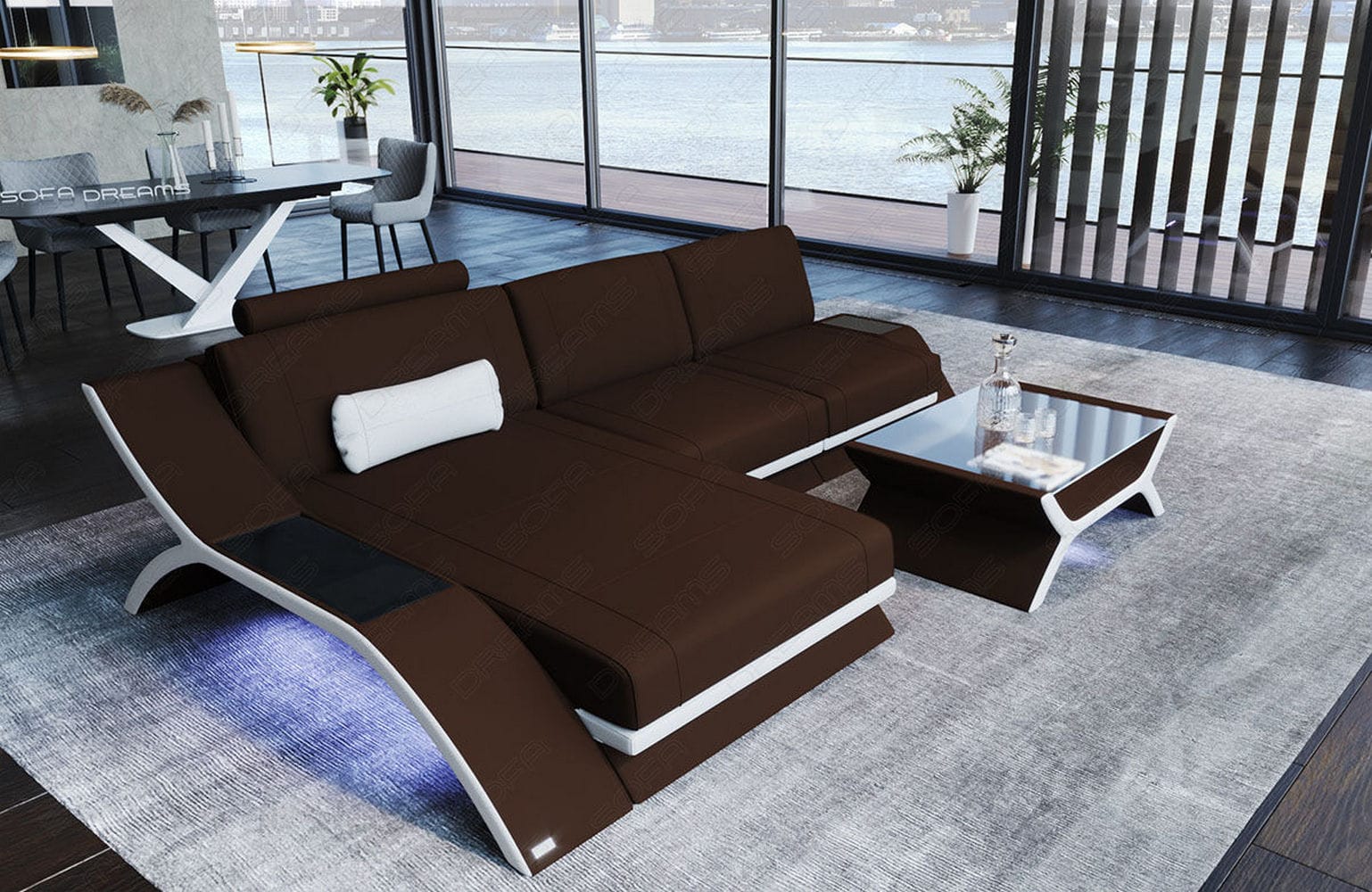 Stoff Ecksofa Calabria L-Form Dunkelbraun-Weiß