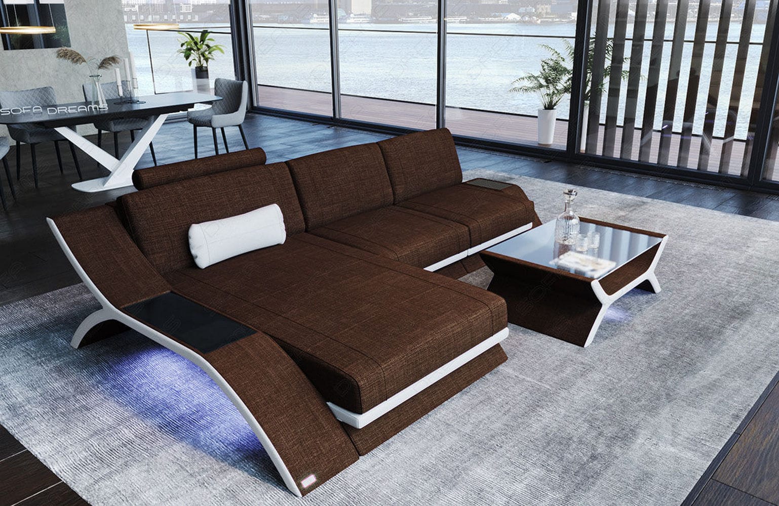 Stoff Ecksofa Calabria L-Form Braun-Weiß