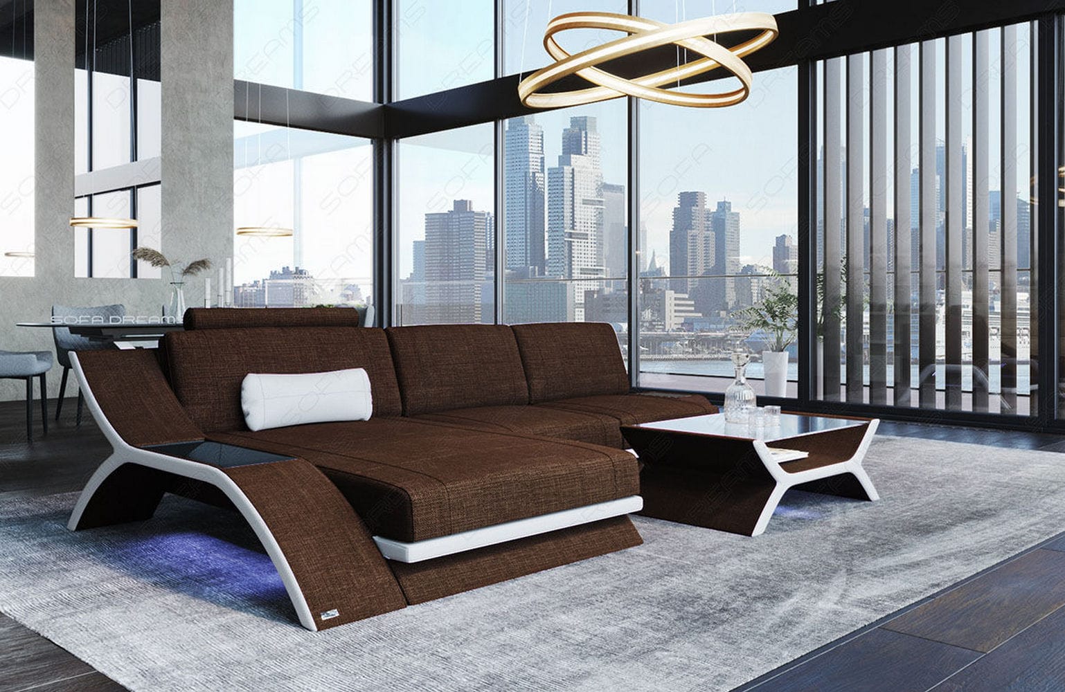 Stoff Ecksofa Calabria L-Form Braun-Weiß