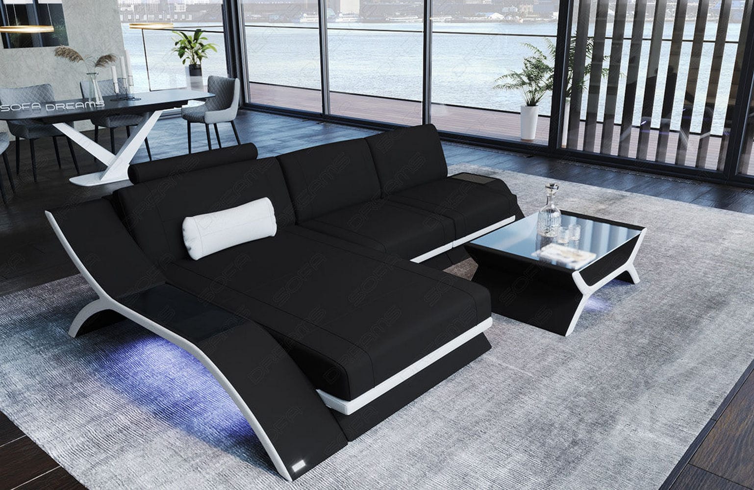 Stoff Ecksofa Calabria L-Form Schwarz-Weiß