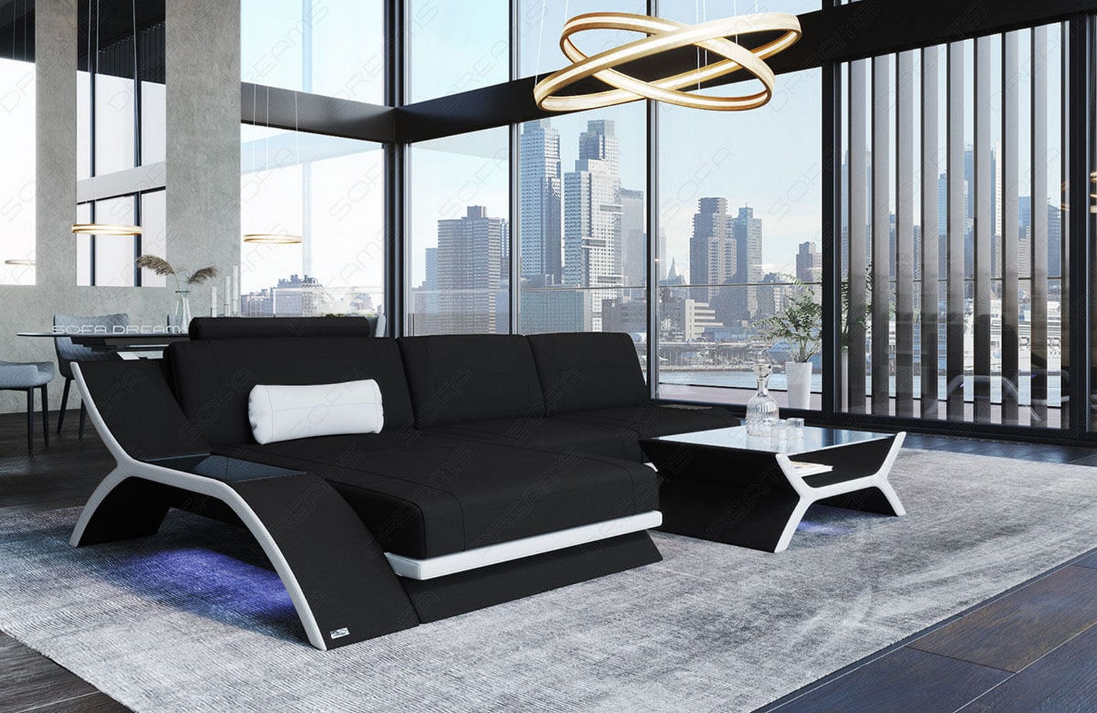 Stoff Ecksofa Calabria L-Form Schwarz-Weiß