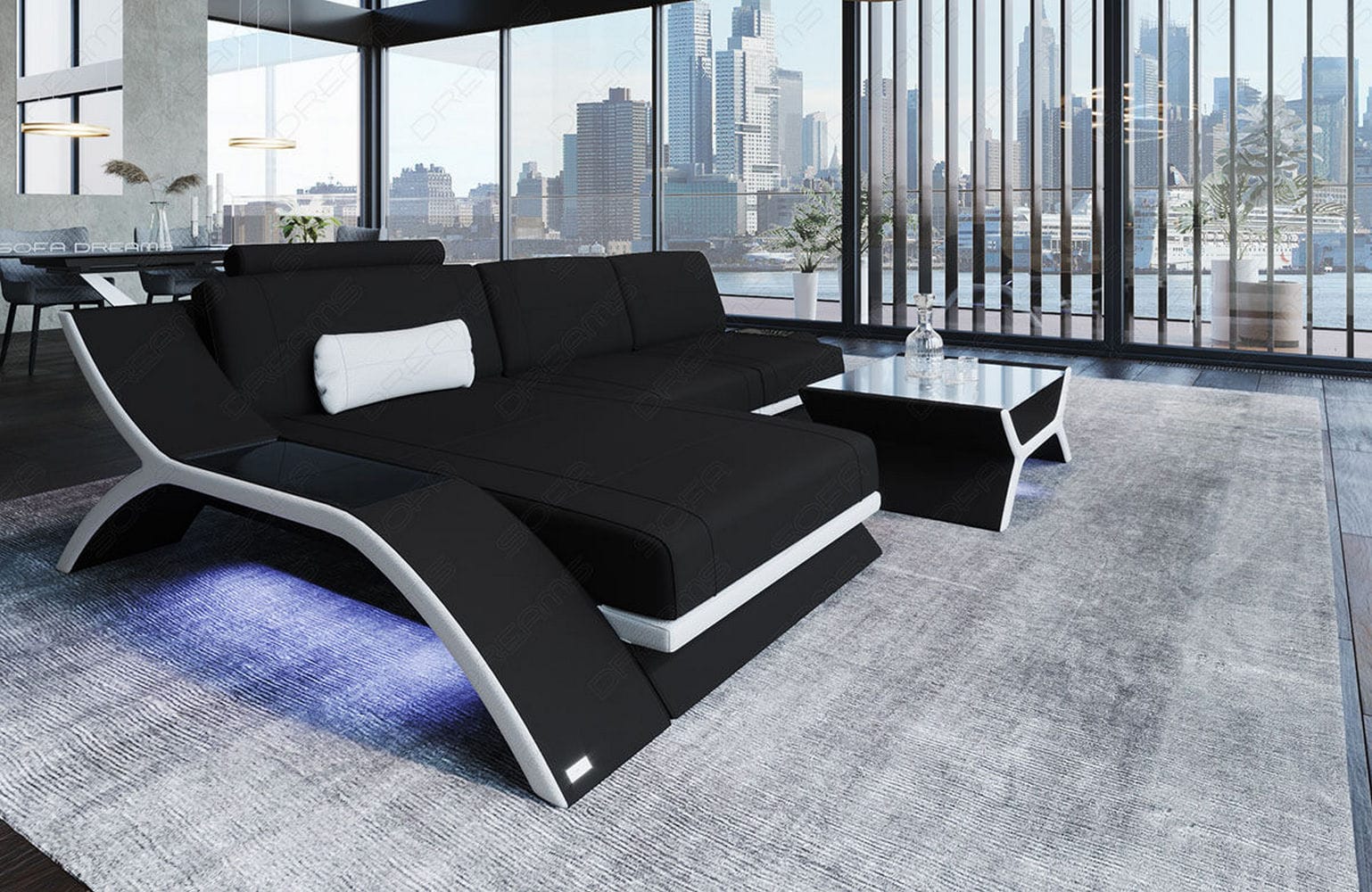 Stoff Ecksofa Calabria L-Form Schwarz-Weiß