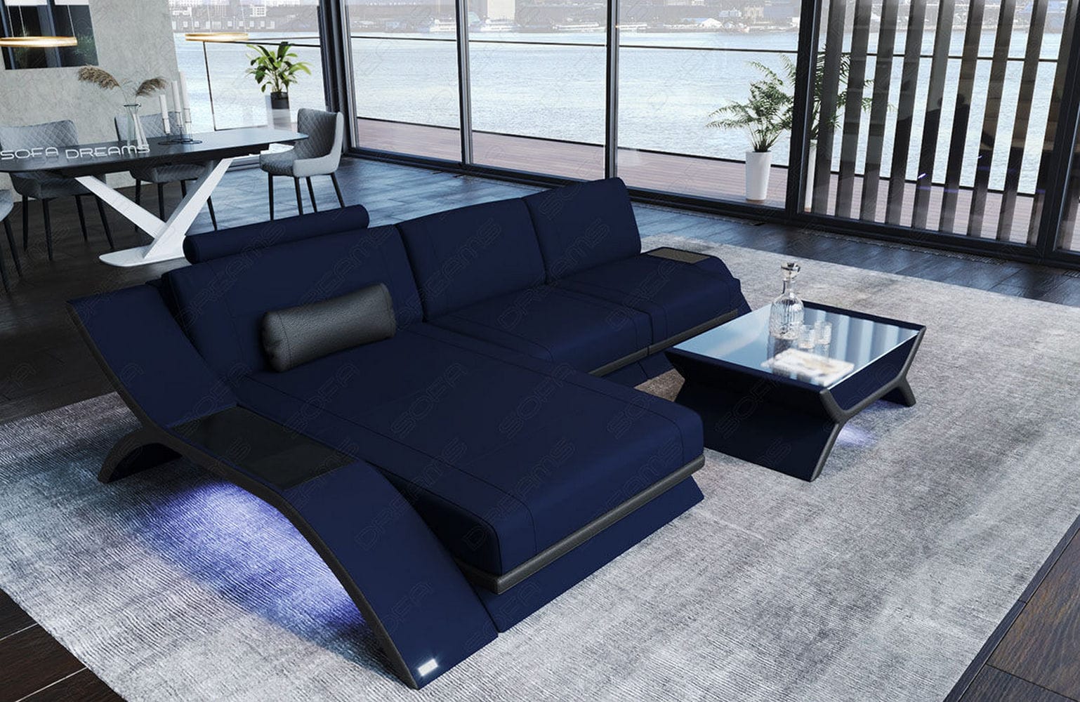 Stoff Ecksofa Calabria L-Form Dunkelblau-Schwarz