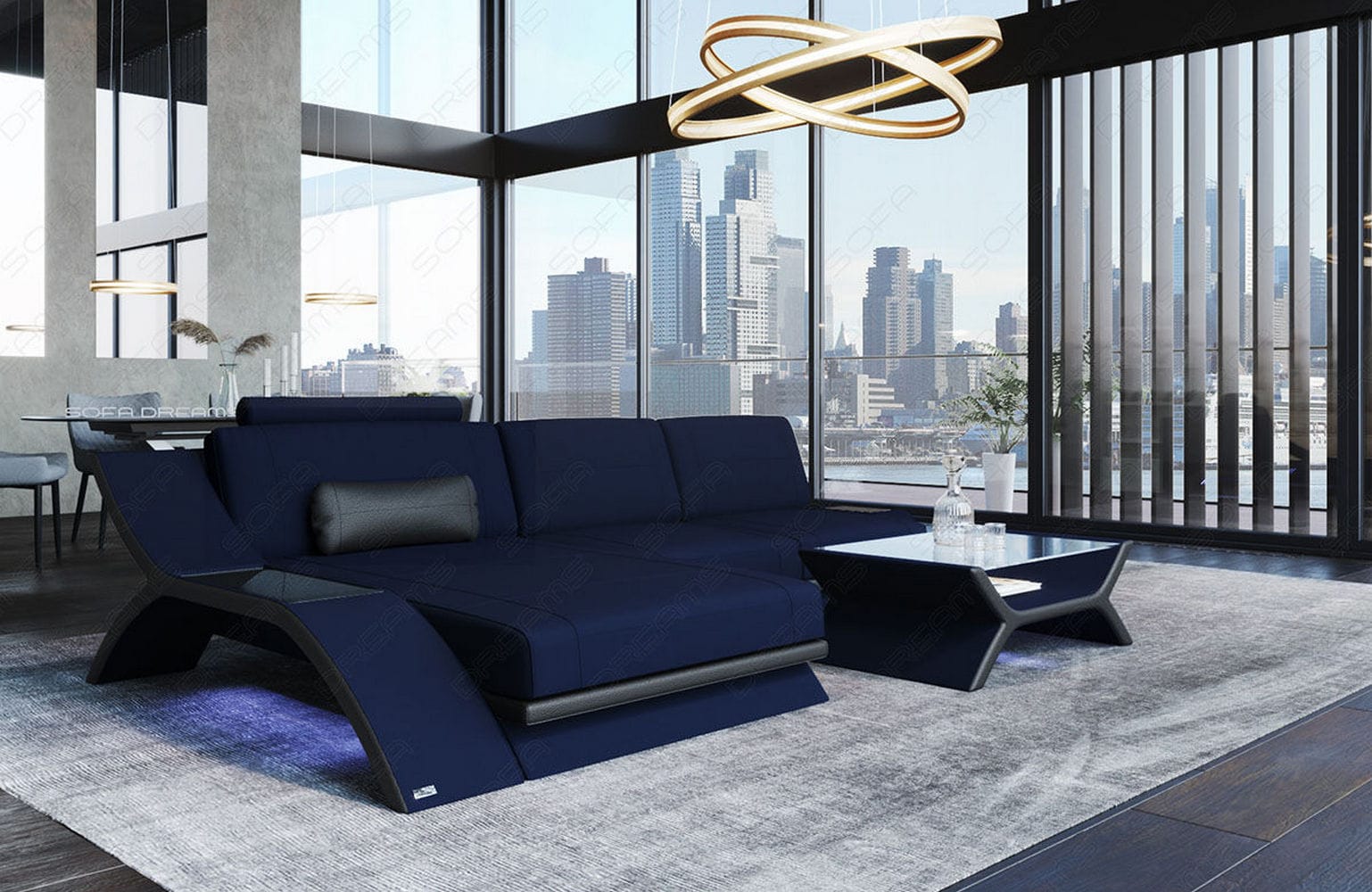 Stoff Ecksofa Calabria L-Form Dunkelblau-Schwarz