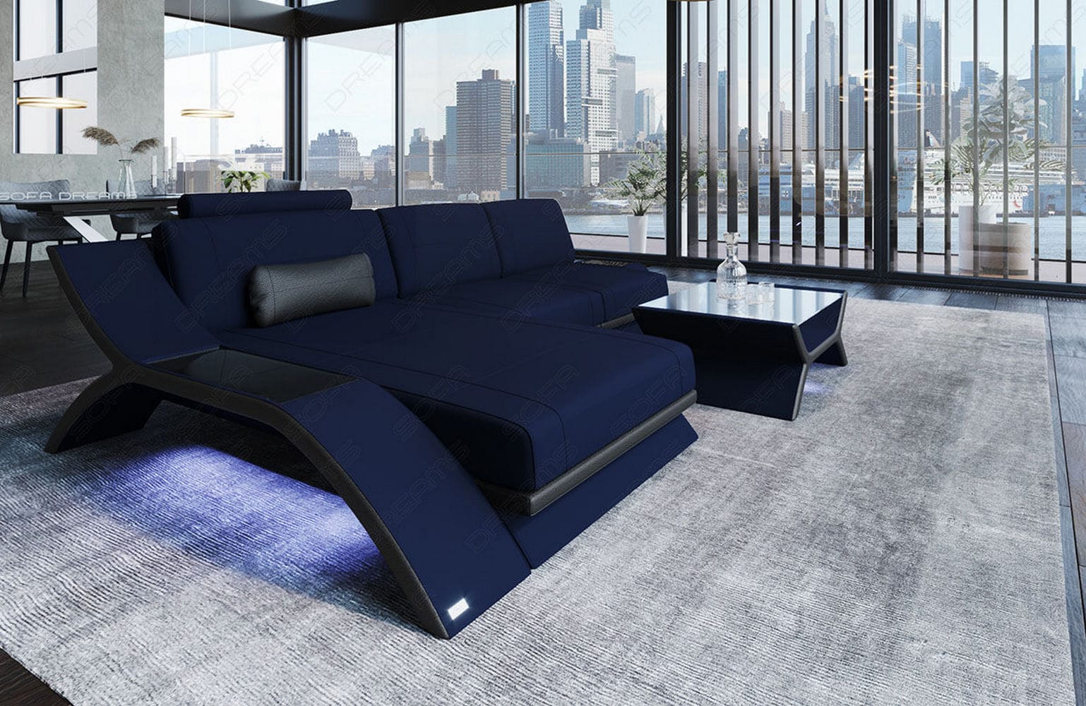 Stoff Ecksofa Calabria L-Form Dunkelblau-Schwarz