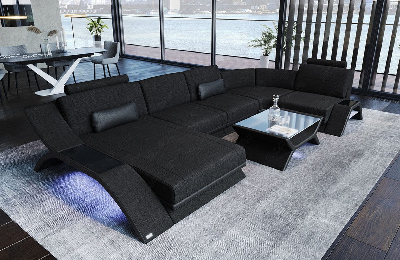 Stoff Wohnlandschaft Calabria U-Form Schwarz-Schwarz