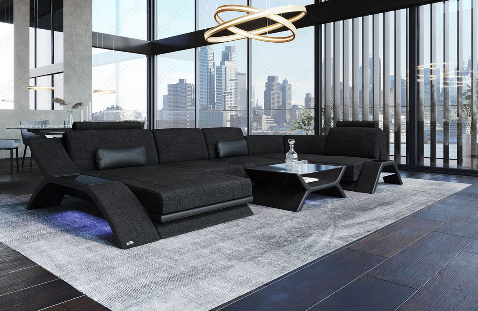 Stoff Wohnlandschaft Calabria U-Form Schwarz-Schwarz