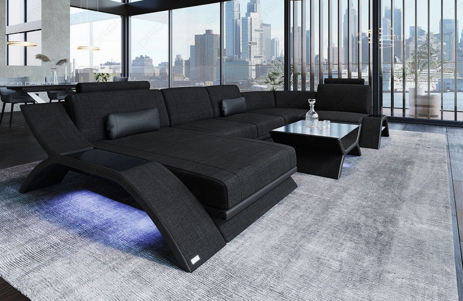 Stoff Wohnlandschaft Calabria U-Form Schwarz-Schwarz