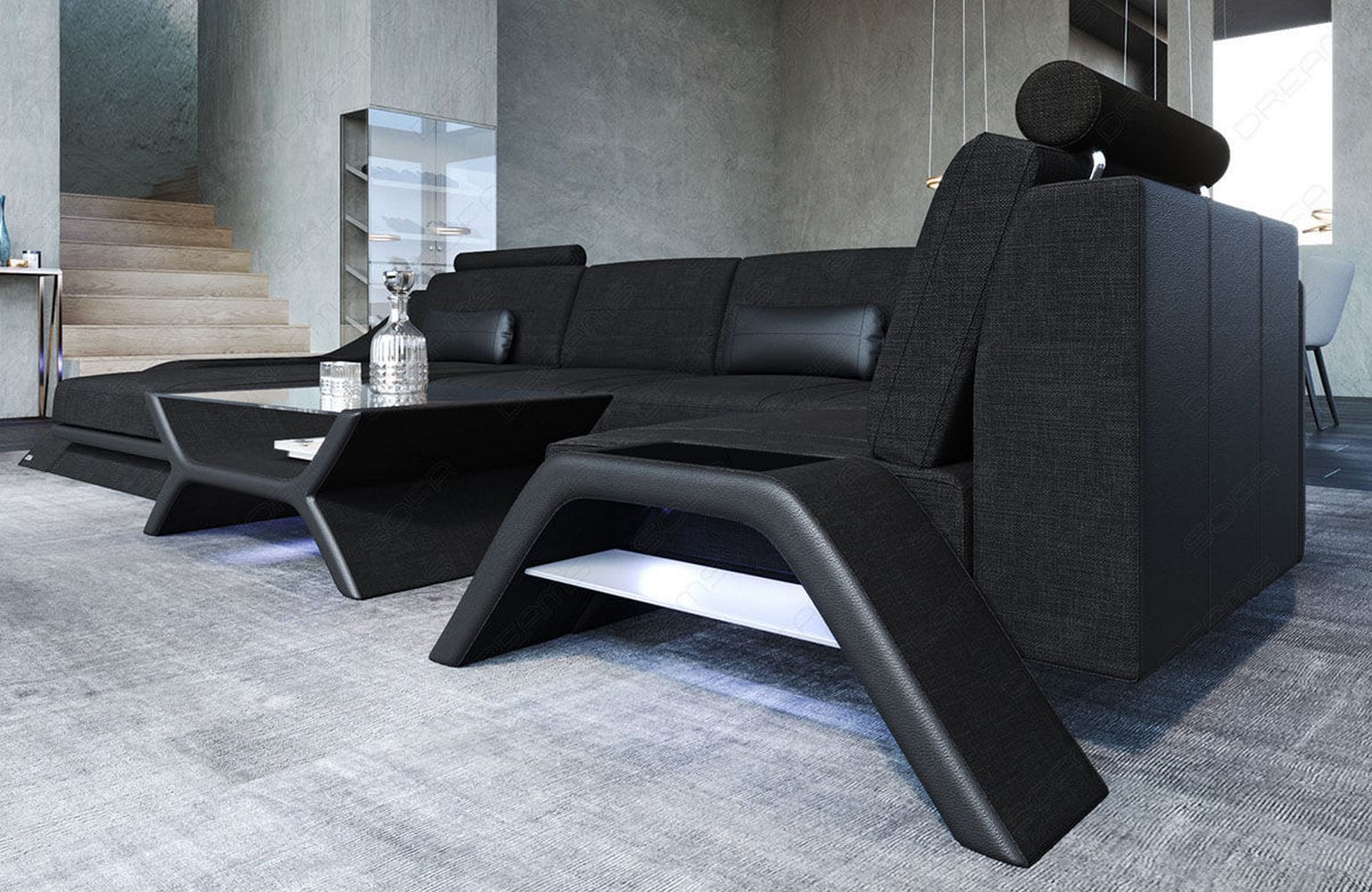Stoff Wohnlandschaft Calabria U-Form Schwarz-Schwarz
