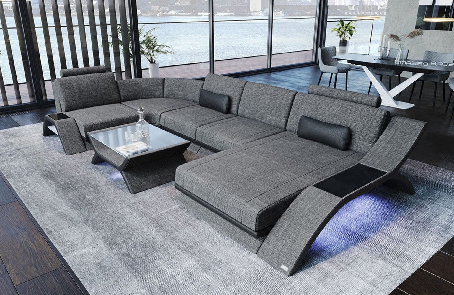 Stoff Wohnlandschaft Calabria U-Form grau-schwarz