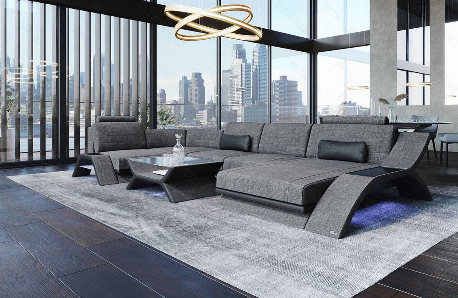 Stoff Wohnlandschaft Calabria U-Form grau-schwarz